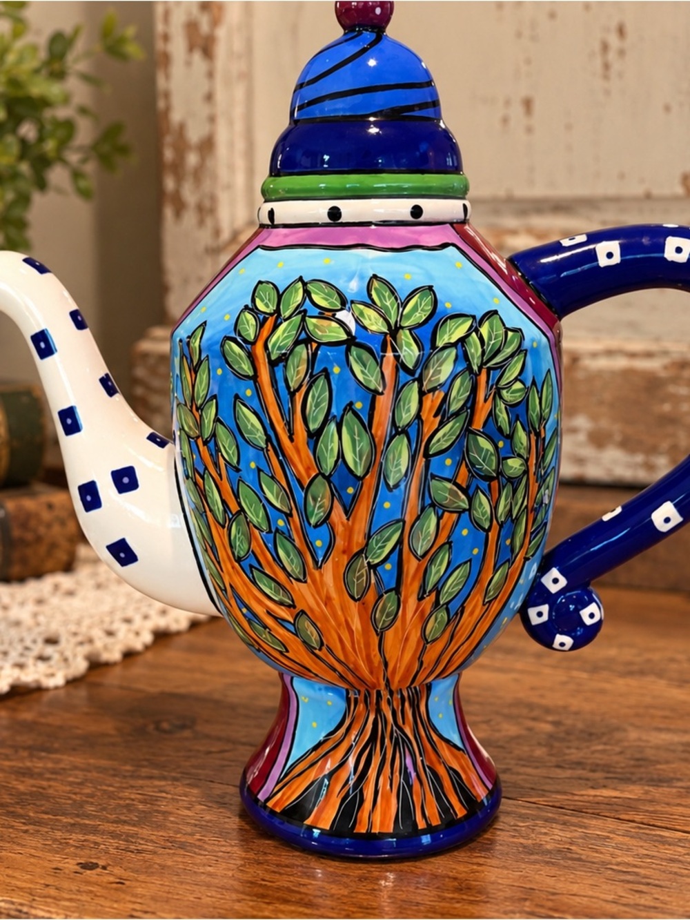 Charma Designs Montgomery Conner Hand Painted Tree Teapot 11.5” Colorful Art